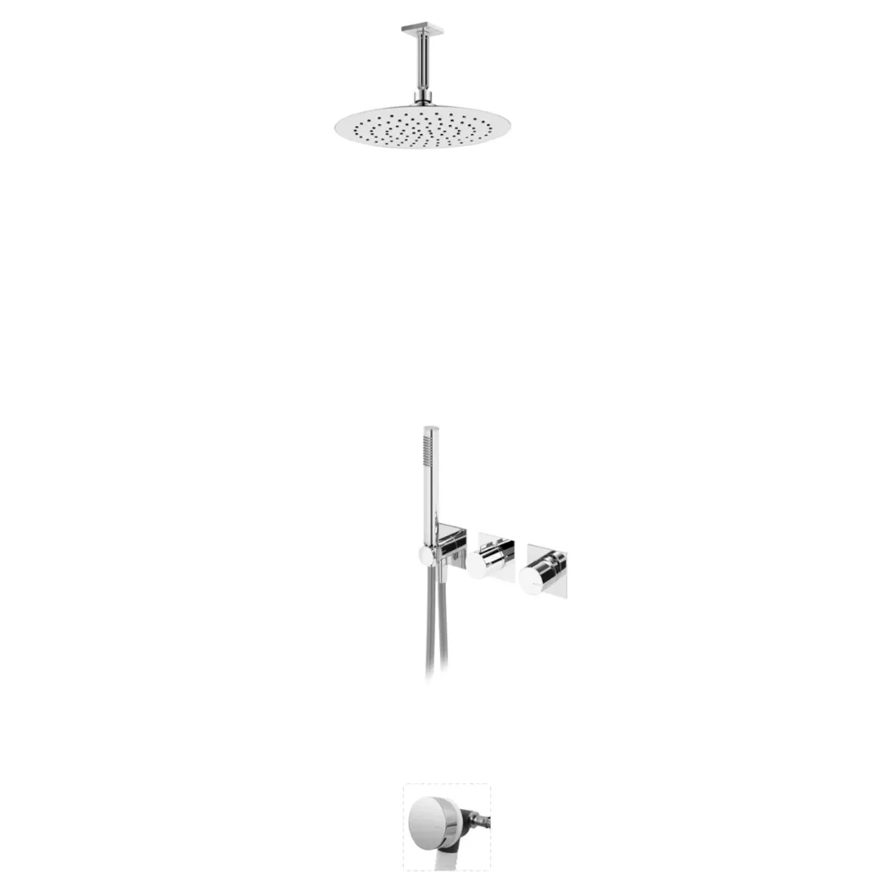 Sistema embutido de banheira com chuveiro de tecto Ø250 mm e braço 100 mm, kit de chuveiro mão Elo e válvula com bica de enchimento para banheira