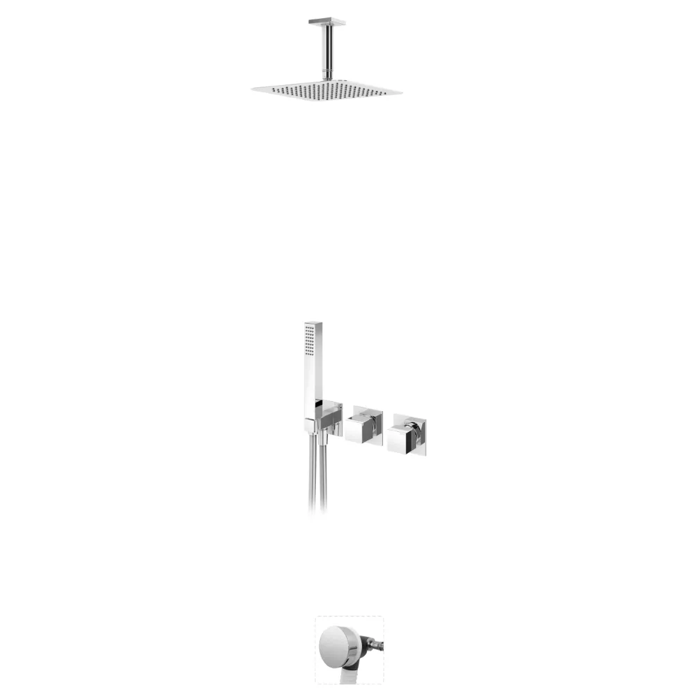 Sistema embutido de banheira, com chuveiro de tecto 250x250 mm e braço 100 mm, kit de chuveiro mão Quadra e válvula com bica de enchimento para banheira