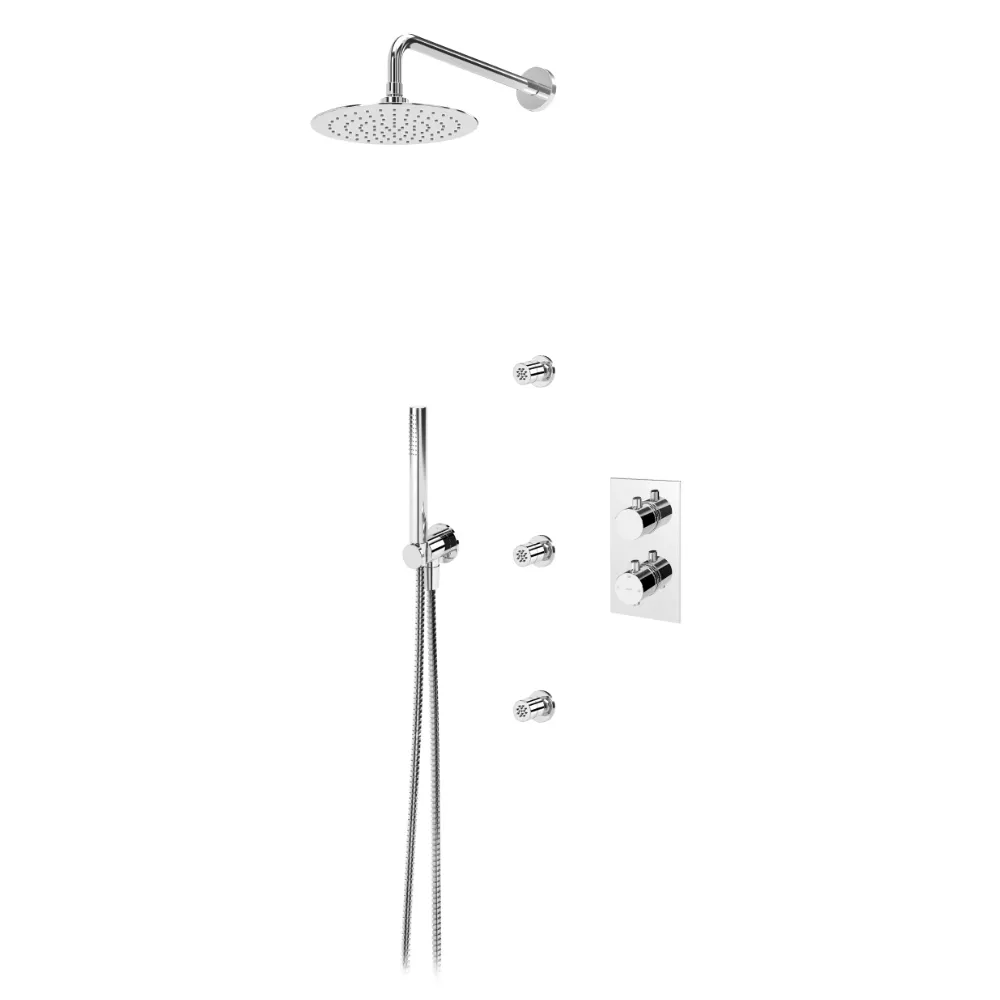 Sistema termostático embutido de duche com chuveiro de parede Ø250 mm em inox, 3 jets e kit de chuveiro mão Elo