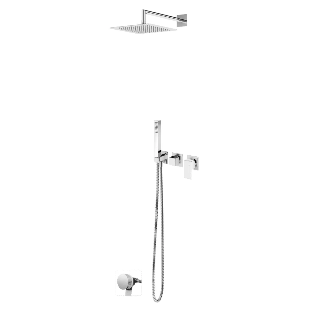 Sistema embutido de banheira com chuveiro de parede 250x250 mm em Inox, kit de chuveiro mão Quadra e válvula com bica de enchimento para banheira