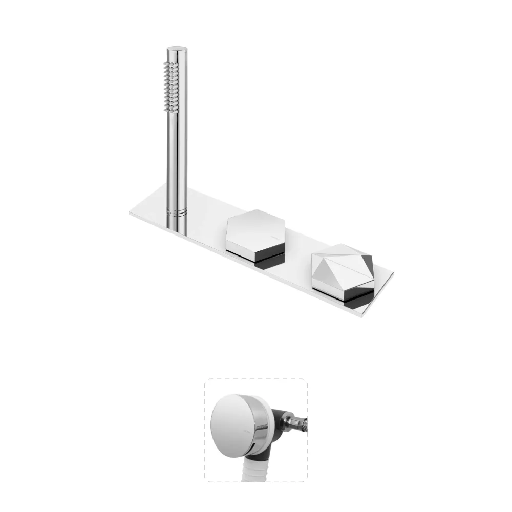 Sistema de banheira à bancada, c/chuveiro mão e válvula com bica de enchimento para banheira e sistema de escoamento com descarga, bicha Lux cinzenta e terminais à cor