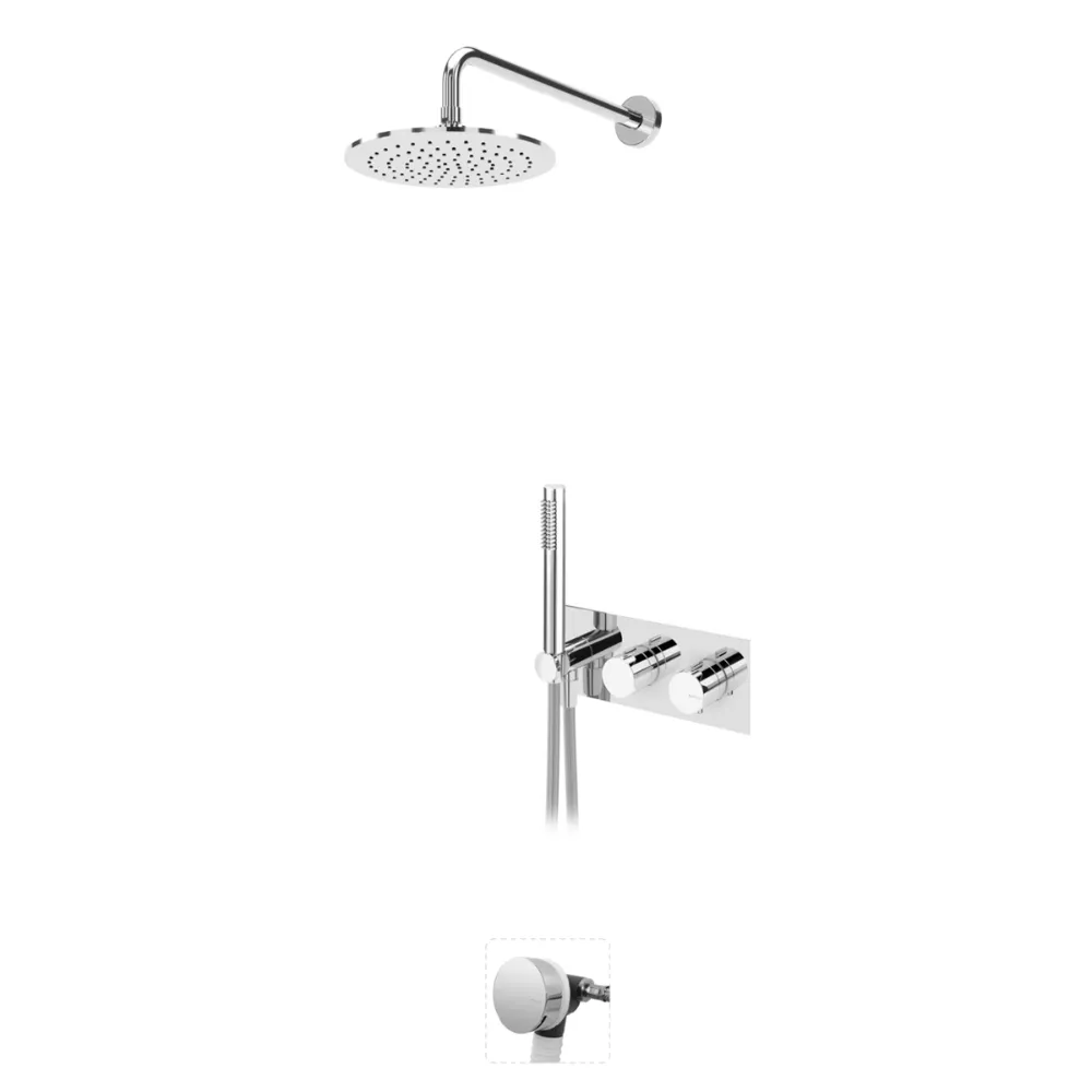 Sistema termostático embutido de banheira com chuveiro de parede Ø250 mm em Inox, kit de chuveiro mão Elo e válvula com bica de enchimento para banheira - VenusQ