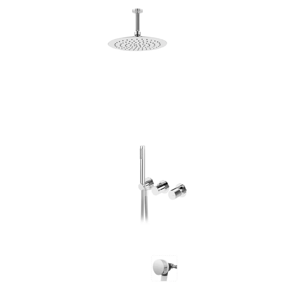 Sistema embutido de banheira com chuveiro fixo de tecto Ø250 mm em inox e braço 100 mm, kit de chuveiro mão Elo e válvula com bica de enchimento para banheira
