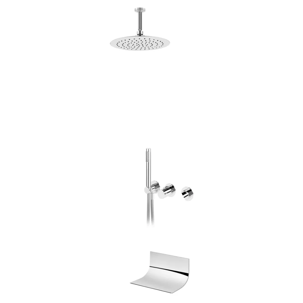 Sistema embutido de banheira com chuveiro fixo de tecto Ø250 mm em inox e braço 100 mm, kit de chuveiro mão Elo e bica em cascata Luna para banheira