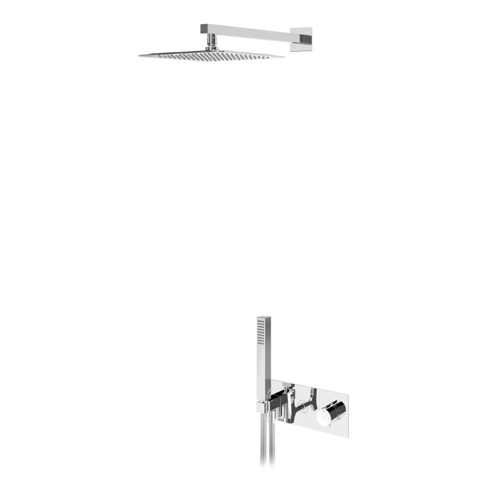 Sistema embutido de duche termostático com chuveiro de parede 250x250 mm em inox e kit de chuveiro mão