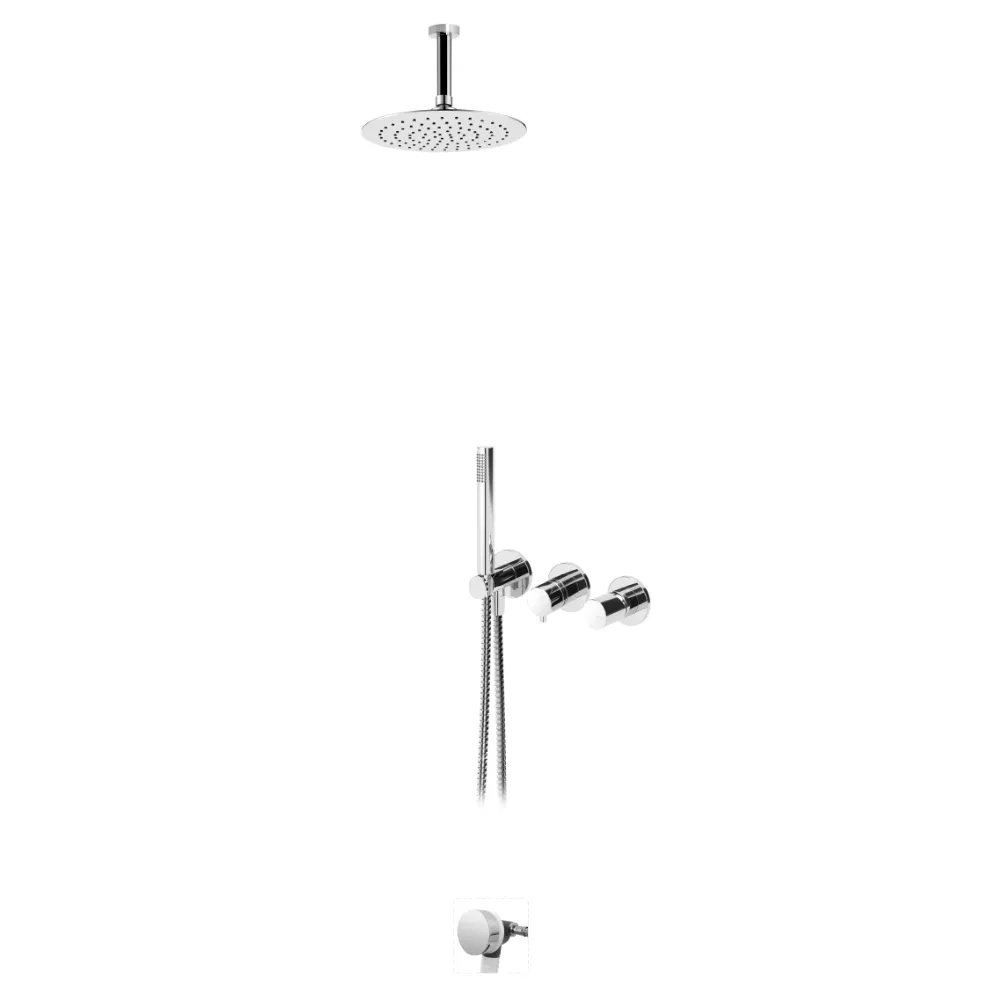 Sistema embutido de duche com chuveiro de tecto Ø250 mm em inox e braço 100 mm, kit de chuveiro mão Elo e válvula com bica de enchimento para banheira